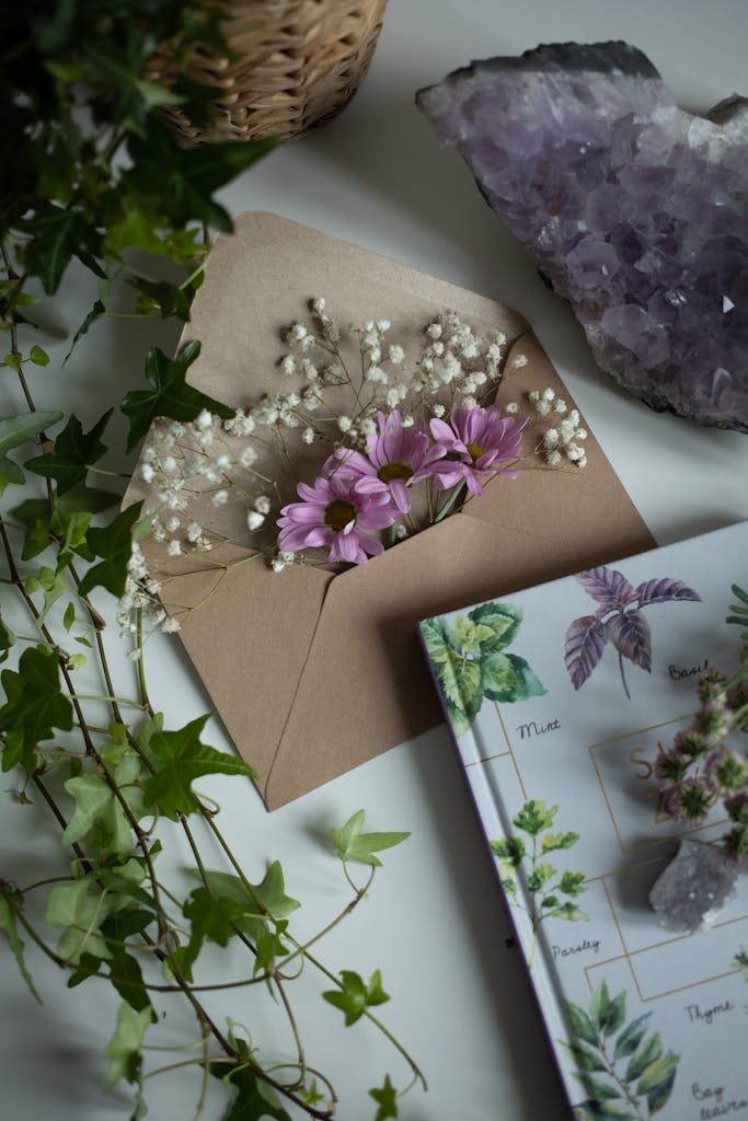 Close-up of Flowers in an Envelope and Crystals on a Table